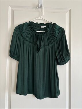 GAP Dark Green Pleated Yoke Tie-Neck Women’s Top